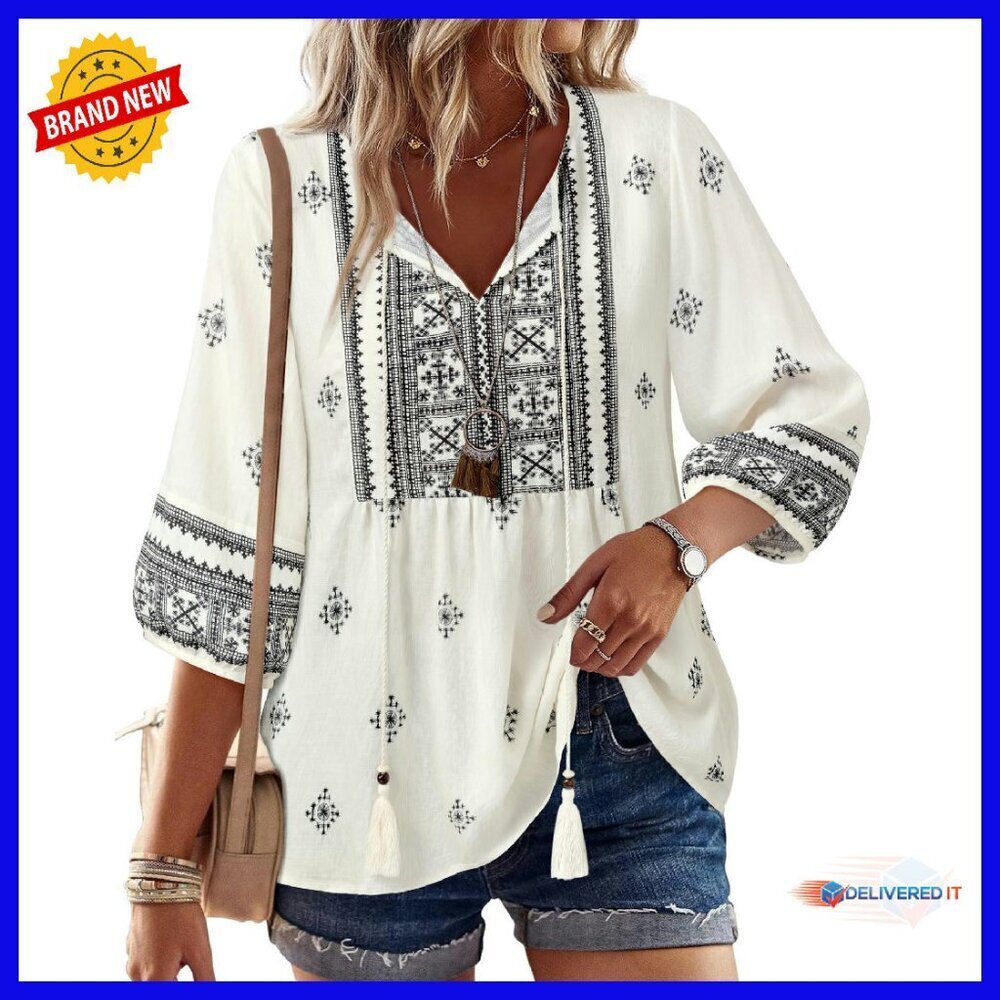 Boho Babydoll Top 3/4 Sleeve Peplum Blouse Flowy Tunic Women's